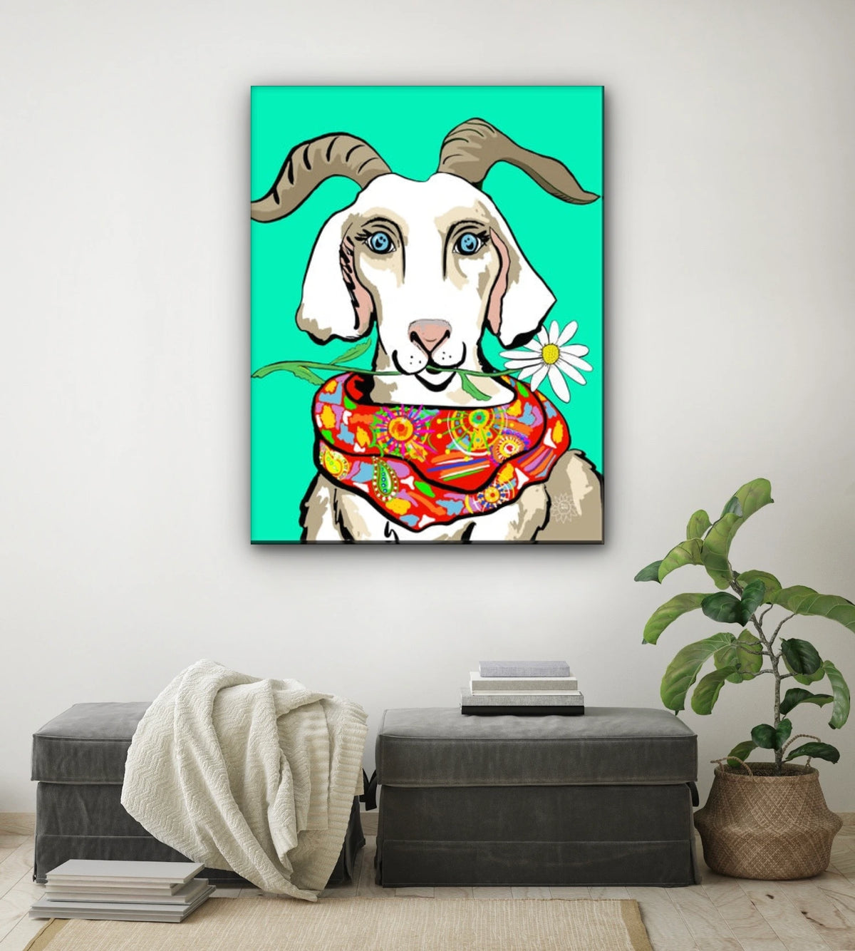 Gretchen The Goat - extra large 36 x 48 unframed art print shown hanging on a wall
