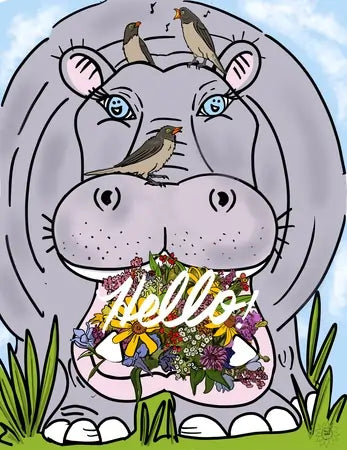 A watercolor painting of a hippo with small birds perched on its head and flowers in its mouth, with the word Hello.