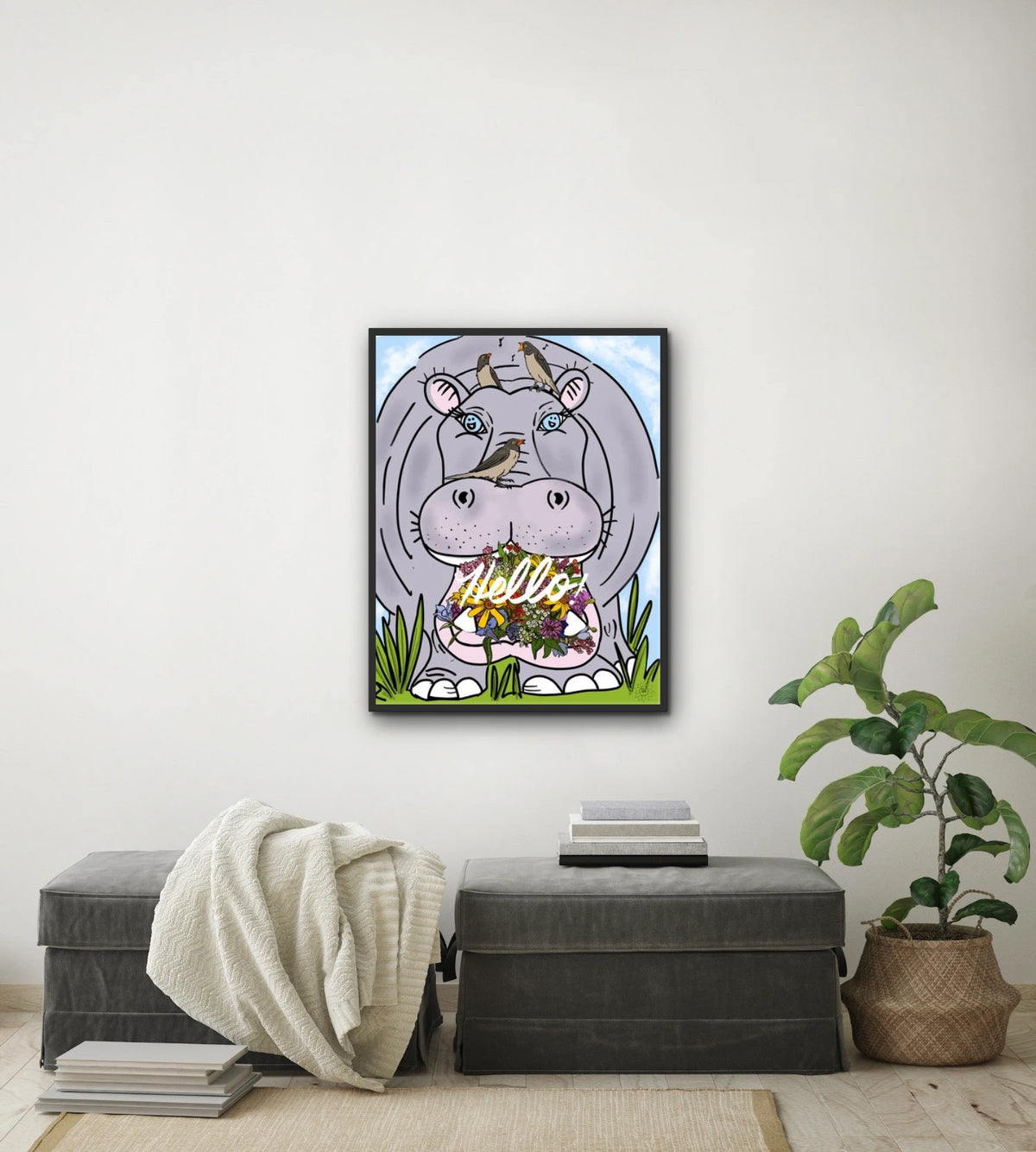Halie Hippo Hello - large 24 x 36 framed art print shown hanging on a wall