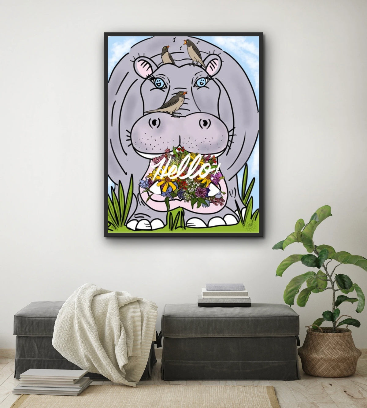 Halie Hippo Hello - extra large 36 x 48 framed art print shown hanging on a wall