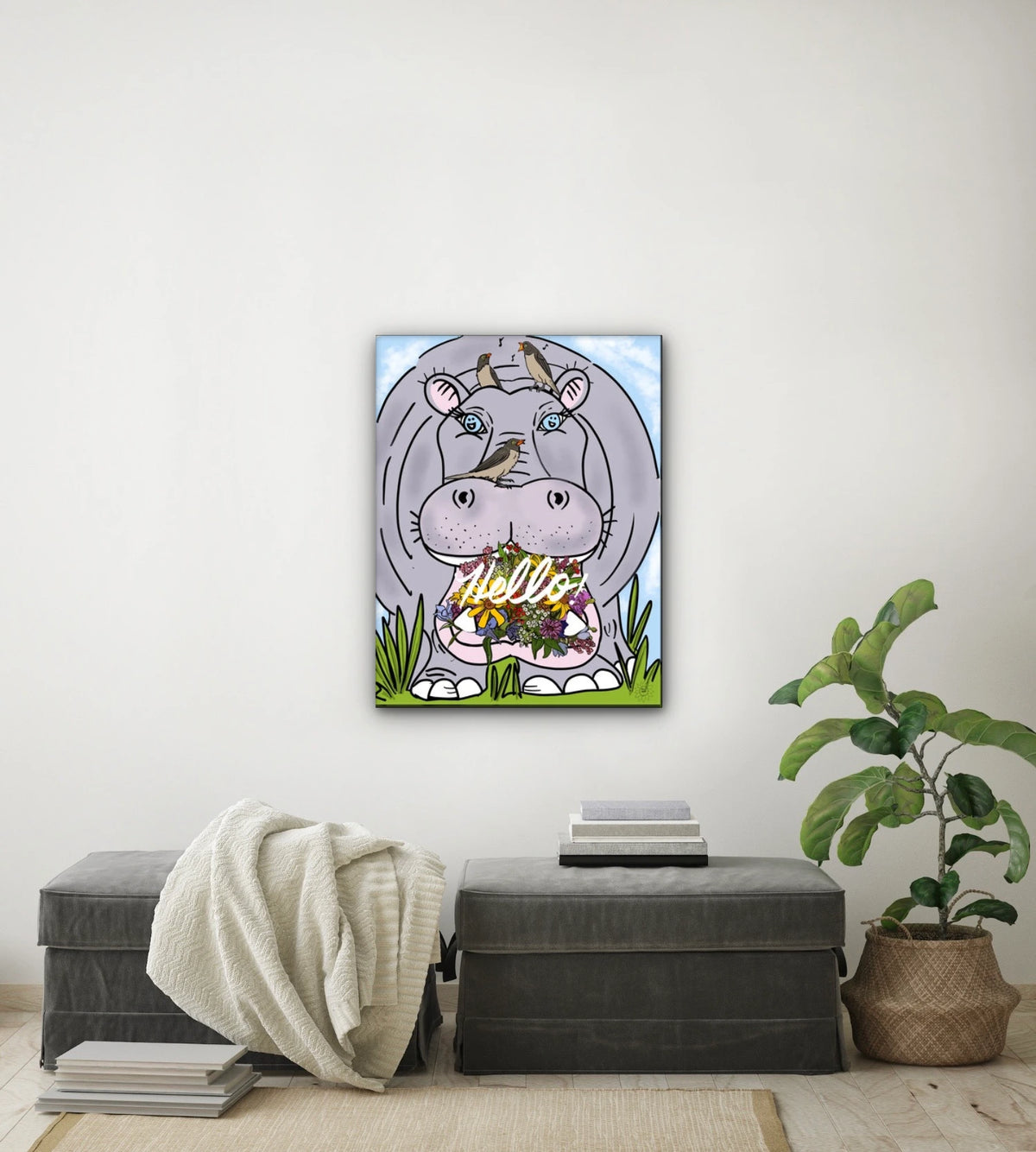 Halie Hippo Hello - large 24 x 36 unframed art print shown hanging on a wall