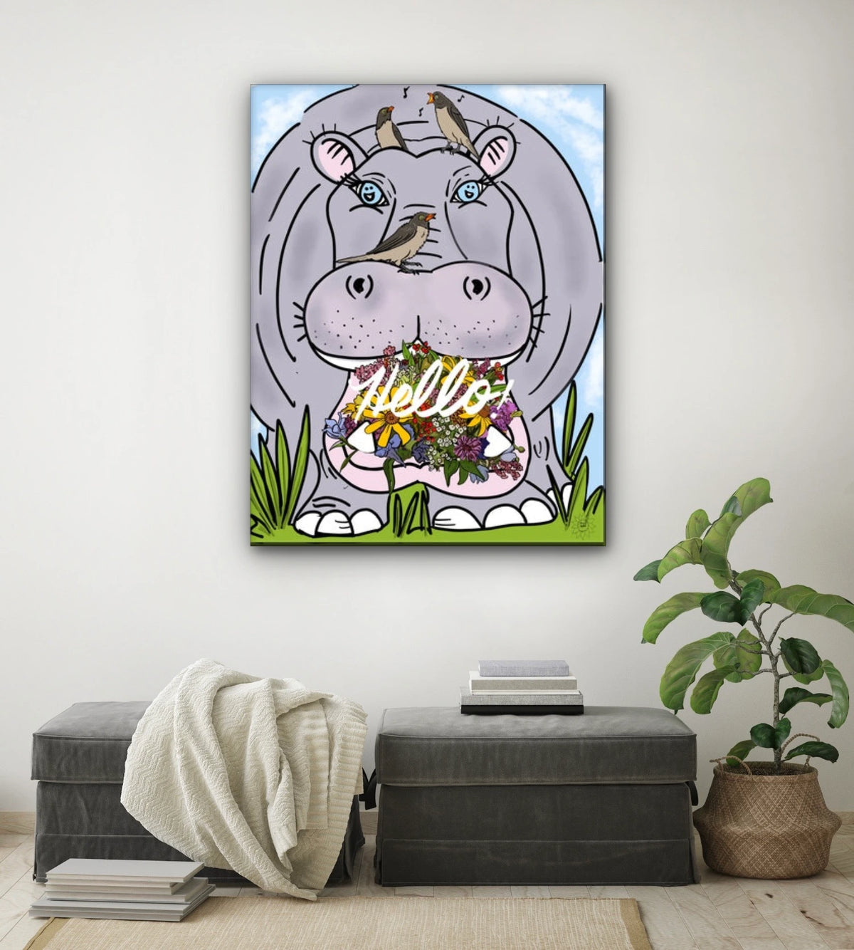Halie Hippo Hello - extra large 36 x 48 unframed art print shown hanging on a wall