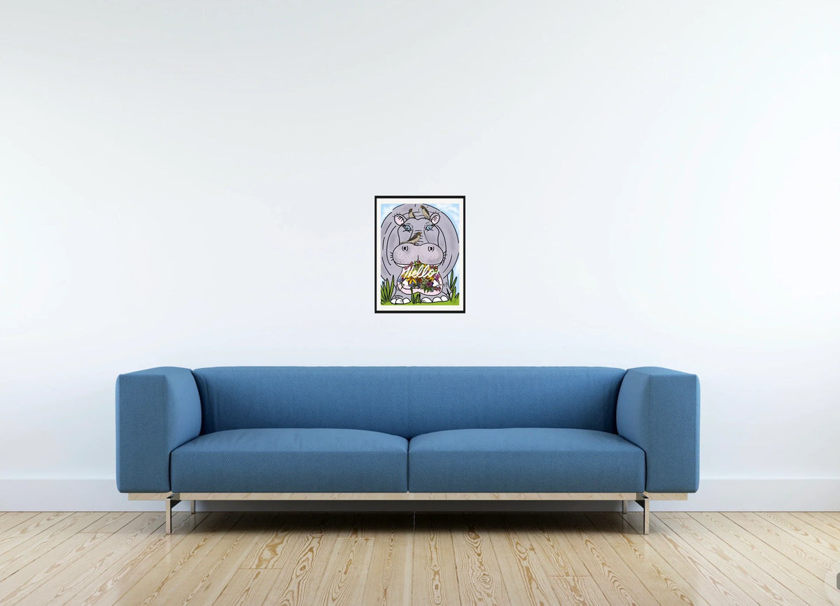 Halie Hippo Hello - medium 12 x 16 matted and framed art print shown hanging on a wall