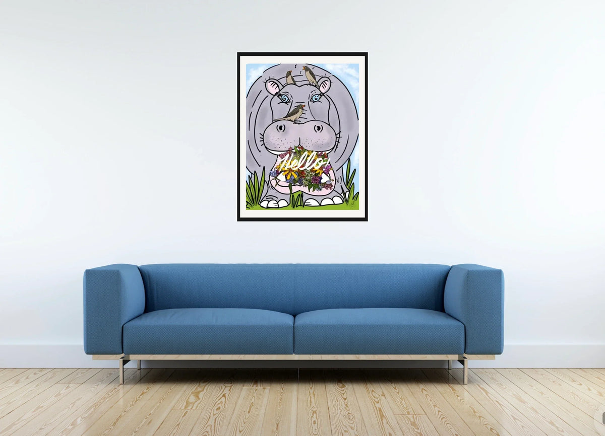 Halie Hippo Hello - large 24 x 36 matted and framed art print shown hanging on a wall