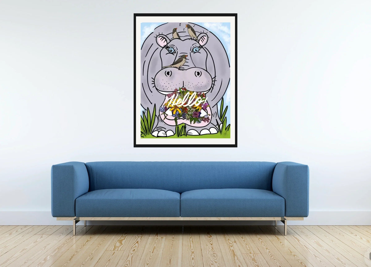 Halie Hippo Hello - extra large 36 x 48 matted and framed art print shown hanging on a wall