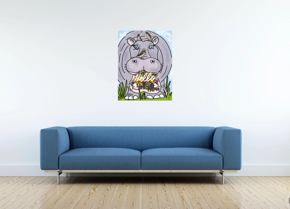 Halie Hippo Hello - large 24 x 36 unframed art print shown hanging on a wall