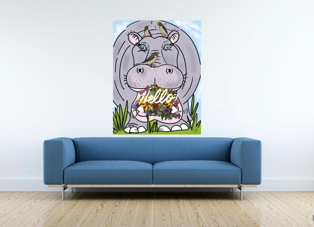 Halie Hippo Hello - extra large 36 x 48 unframed art print shown hanging on a wall