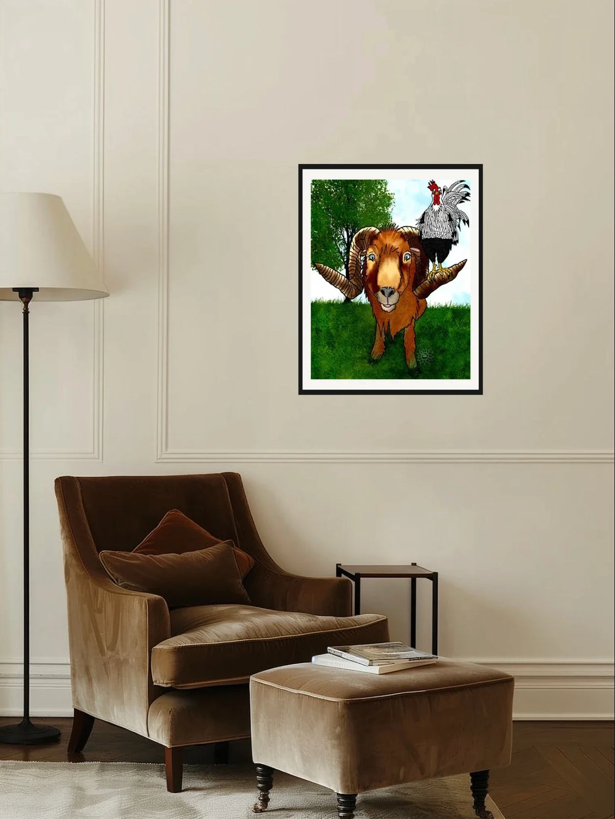 Hanging with Friends - large 24 x 36 matted and framed art print shown hanging on a wall
