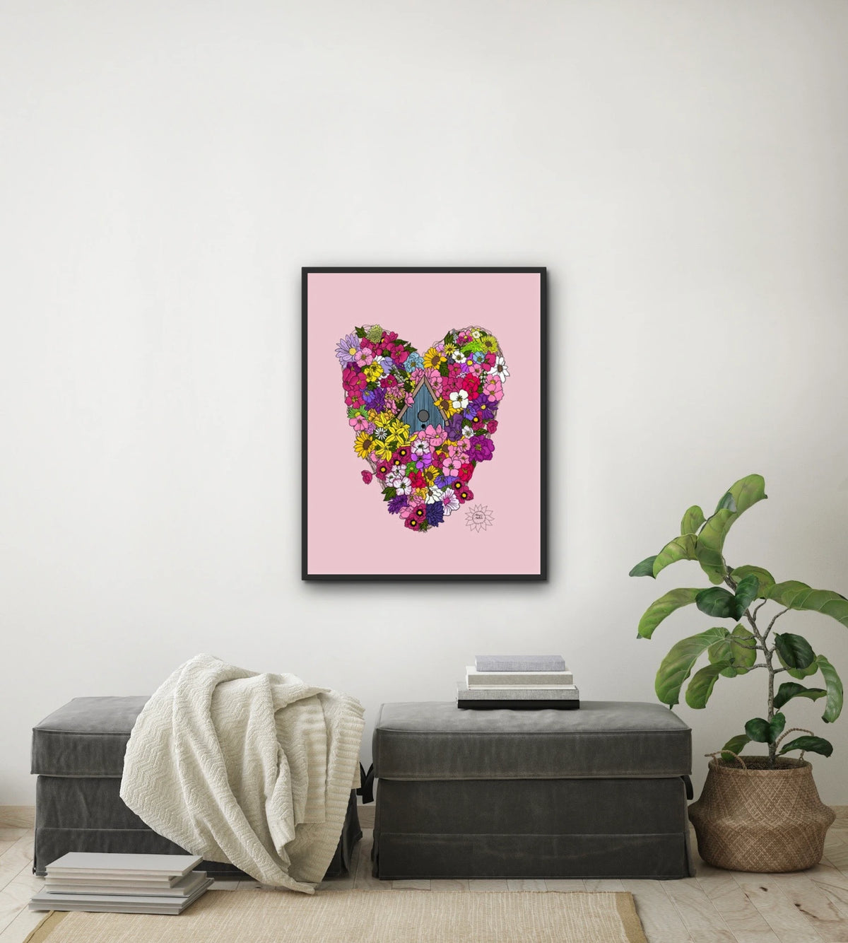Heart With Birdhouse - large 24 x 36 framed art print shown hanging on a wall