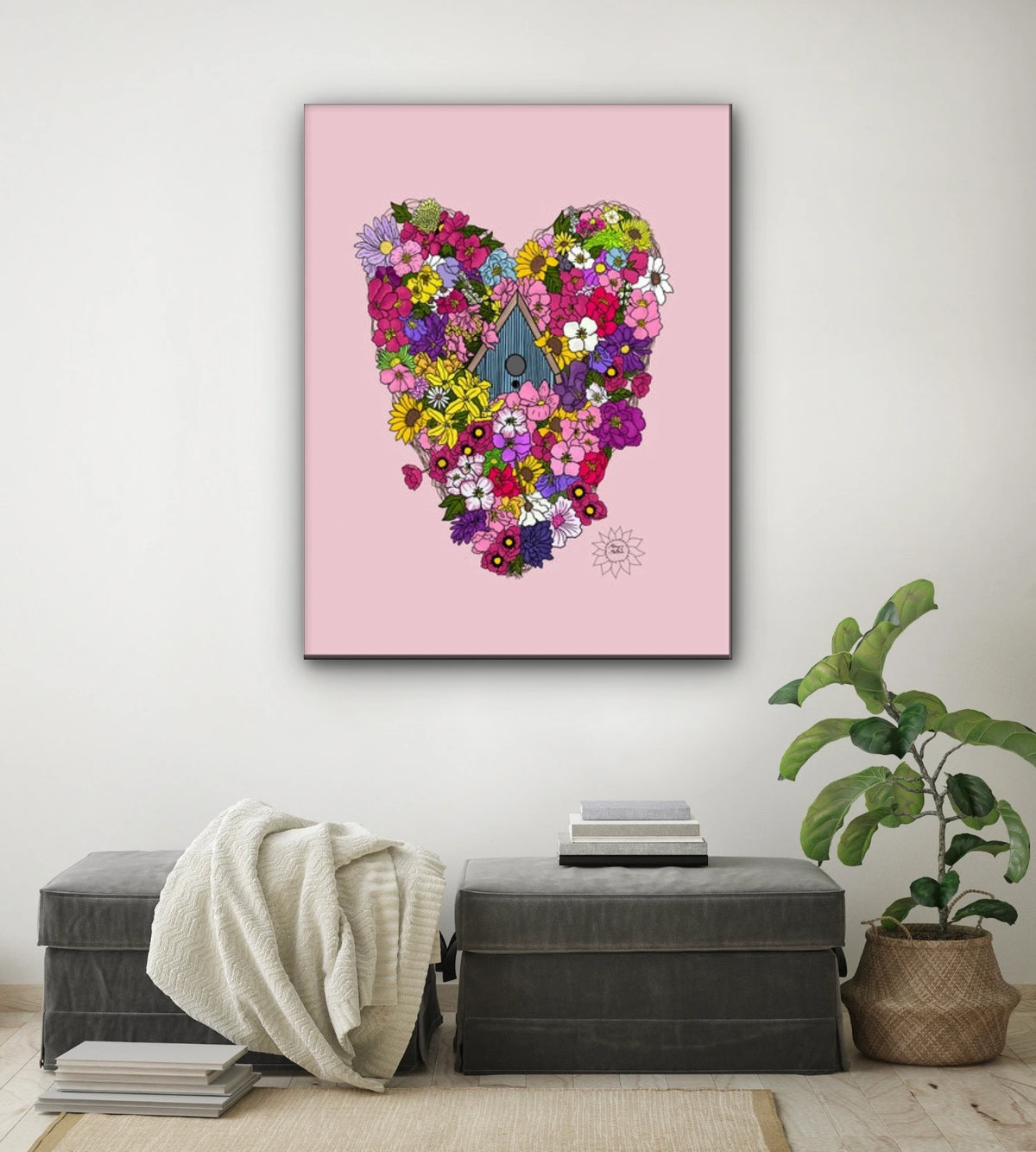 Heart With Birdhouse - extra large 36 x 48 unframed art print shown hanging on a wall