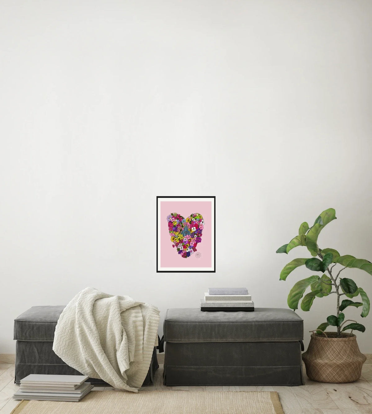 Heart With Birdhouse - medium 12 x 16 matted and framed art print shown hanging on a wall