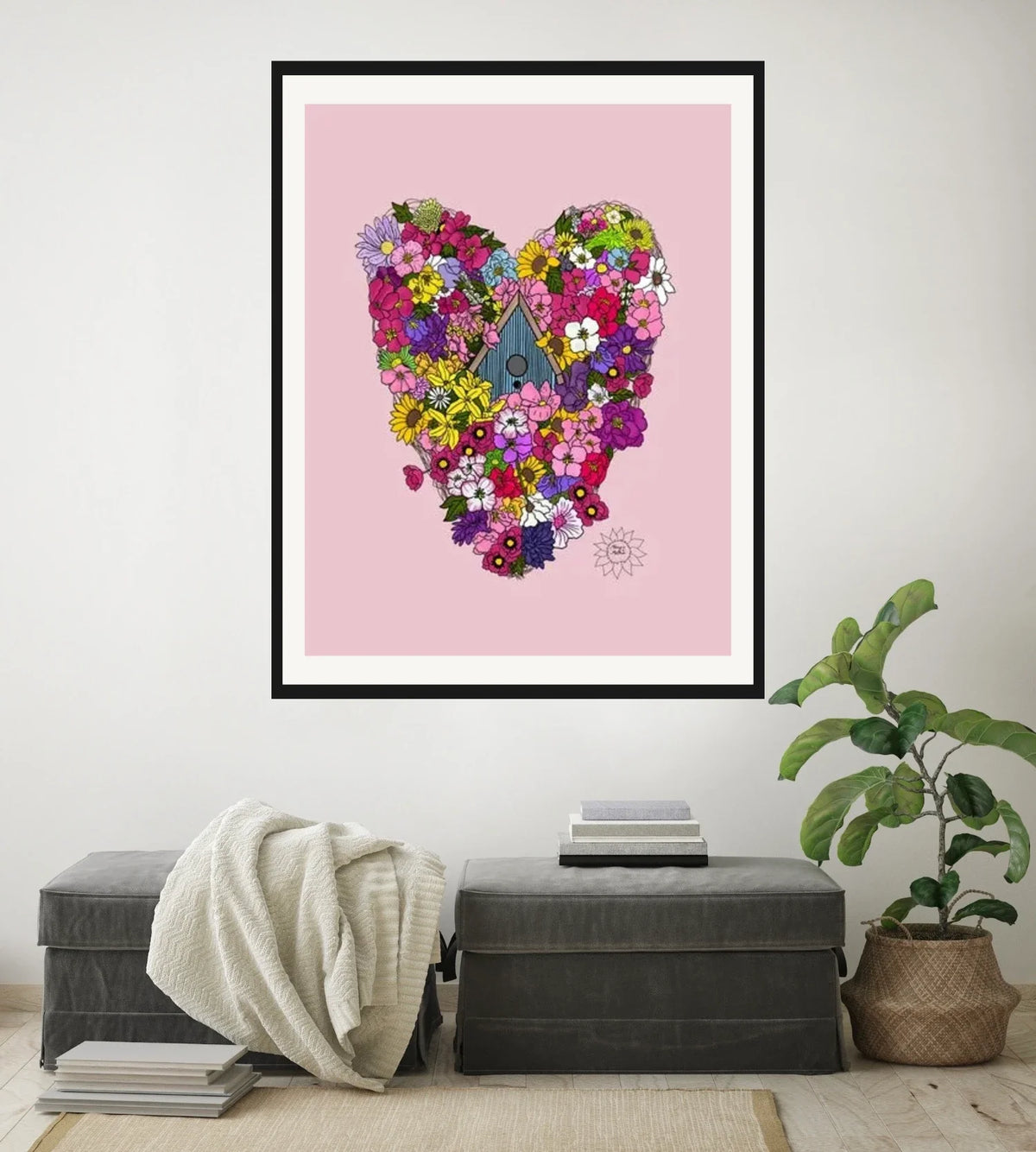 Heart With Birdhouse - extra large 36 x 48 matted and framed art print shown hanging on a wall