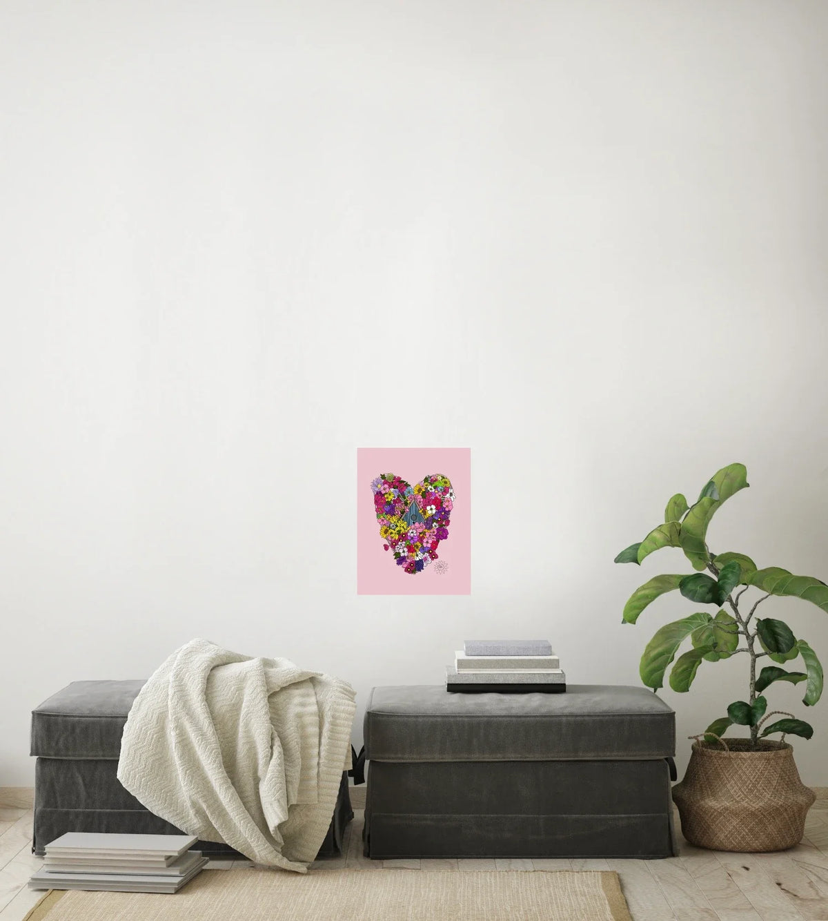 Heart With Birdhouse - medium 12 x 16 unframed art print shown hanging on a wall