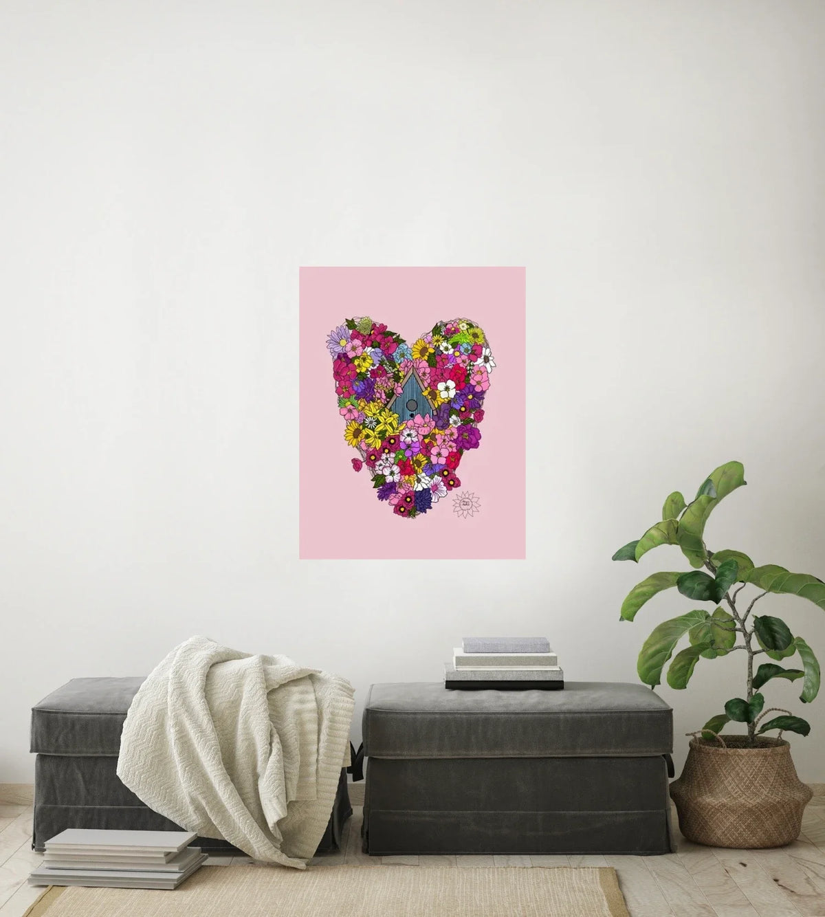 Heart With Birdhouse - large 24 x 36 unframed art print shown hanging on a wall