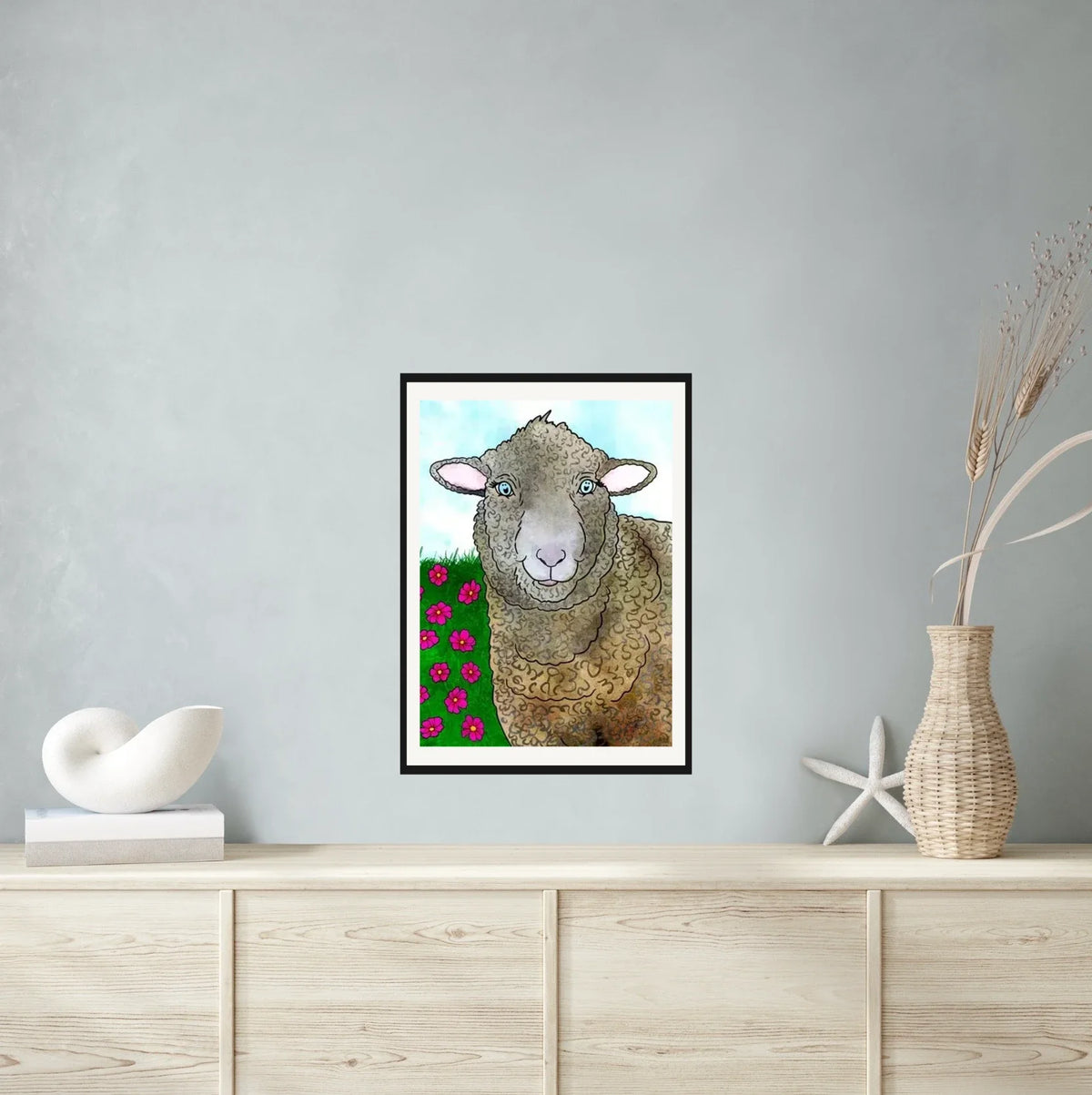 Heather the Polypay Sheep - large 24 x 36 matted and framed art print shown hanging on a wall