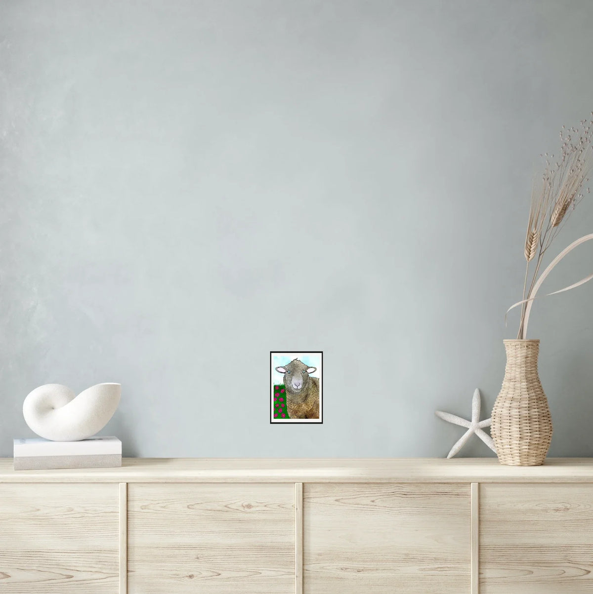 Heather the Polypay Sheep - small 8 x 10 matted and framed art print shown hanging on a wall
