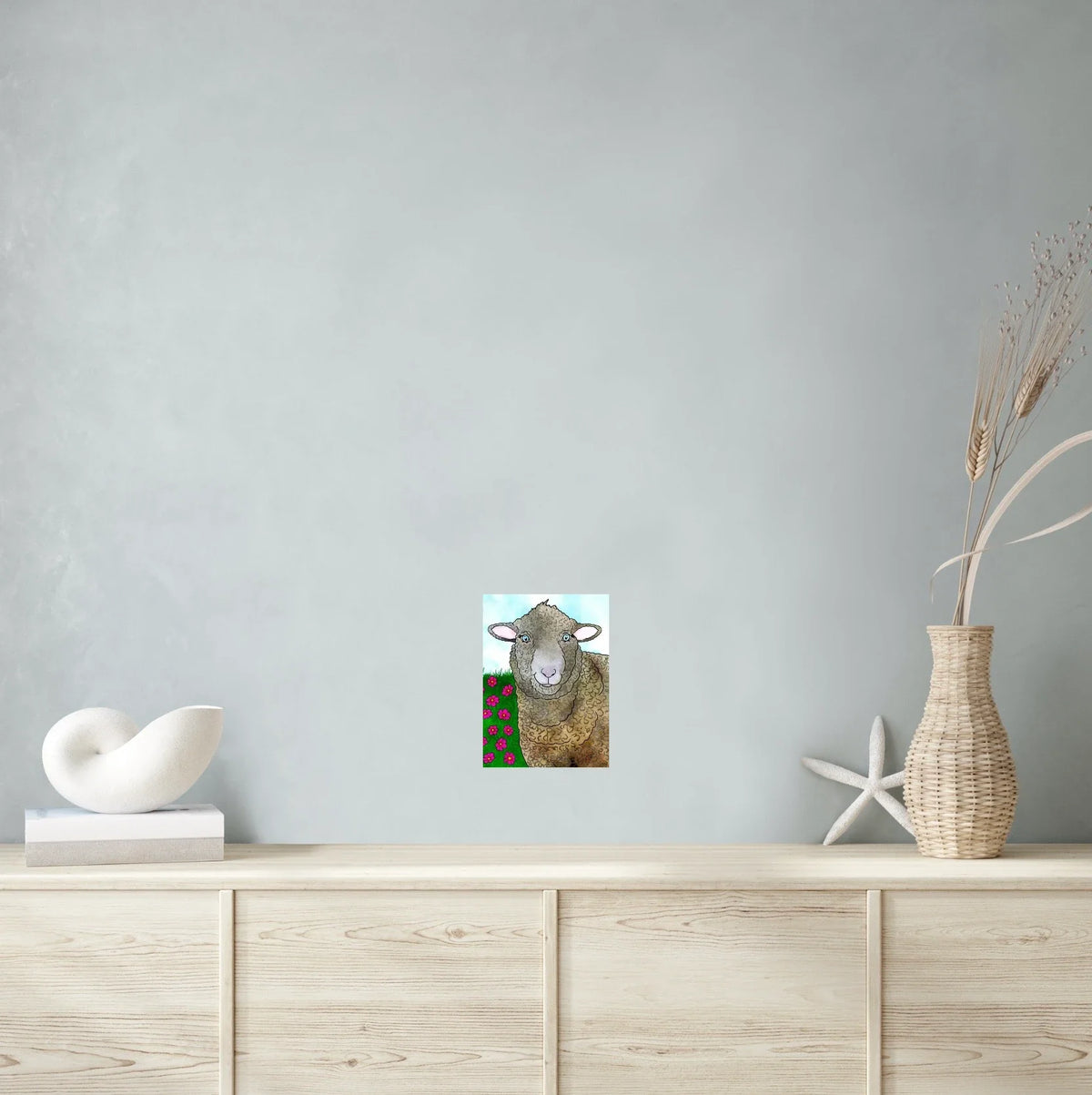 Heather the Polypay Sheep - medium 12 x 16 unframed art print shown hanging on a wall
