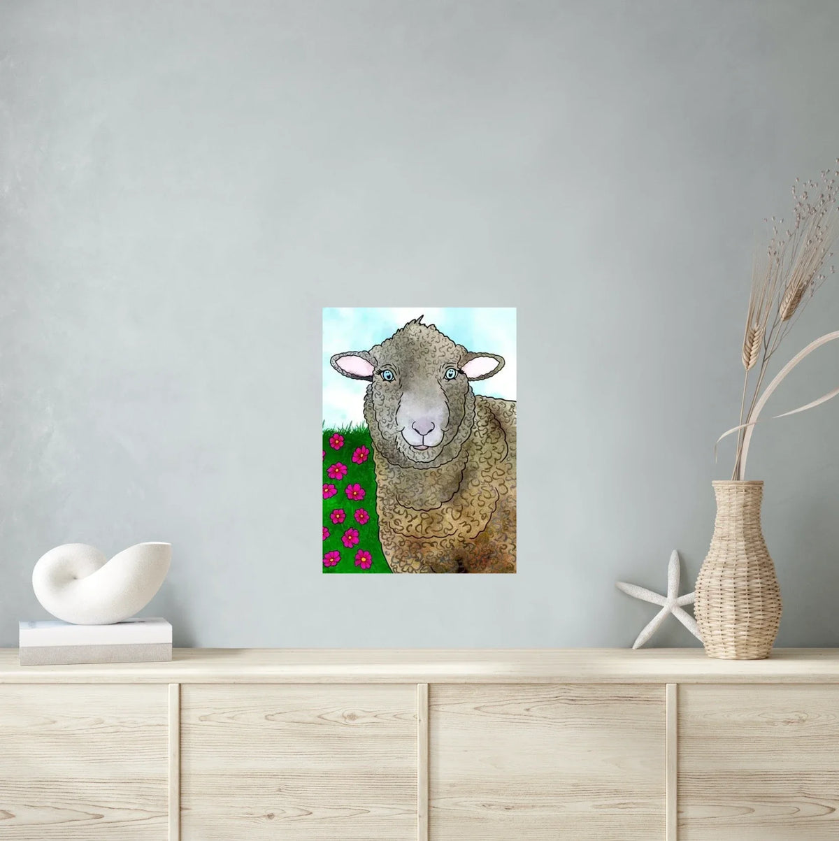 Heather the Polypay Sheep - large 24 x 36 unframed art print shown hanging on a wall