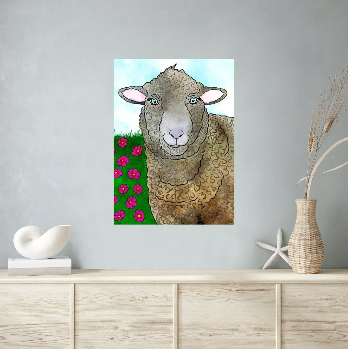 Heather the Polypay Sheep - extra large 36 x 48 unframed art print shown hanging on a wall