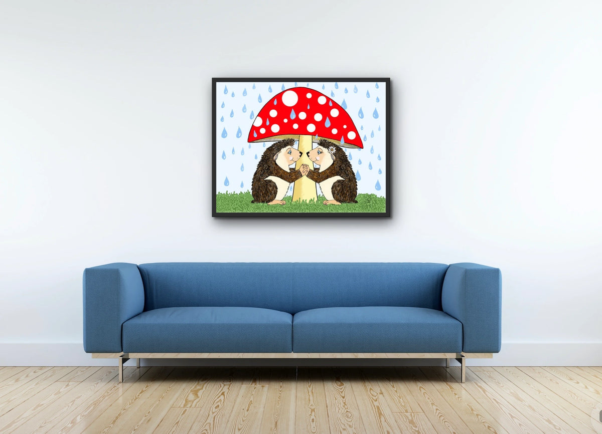 Hedgehog Love - large 24 x 36 framed art print shown hanging on a wall