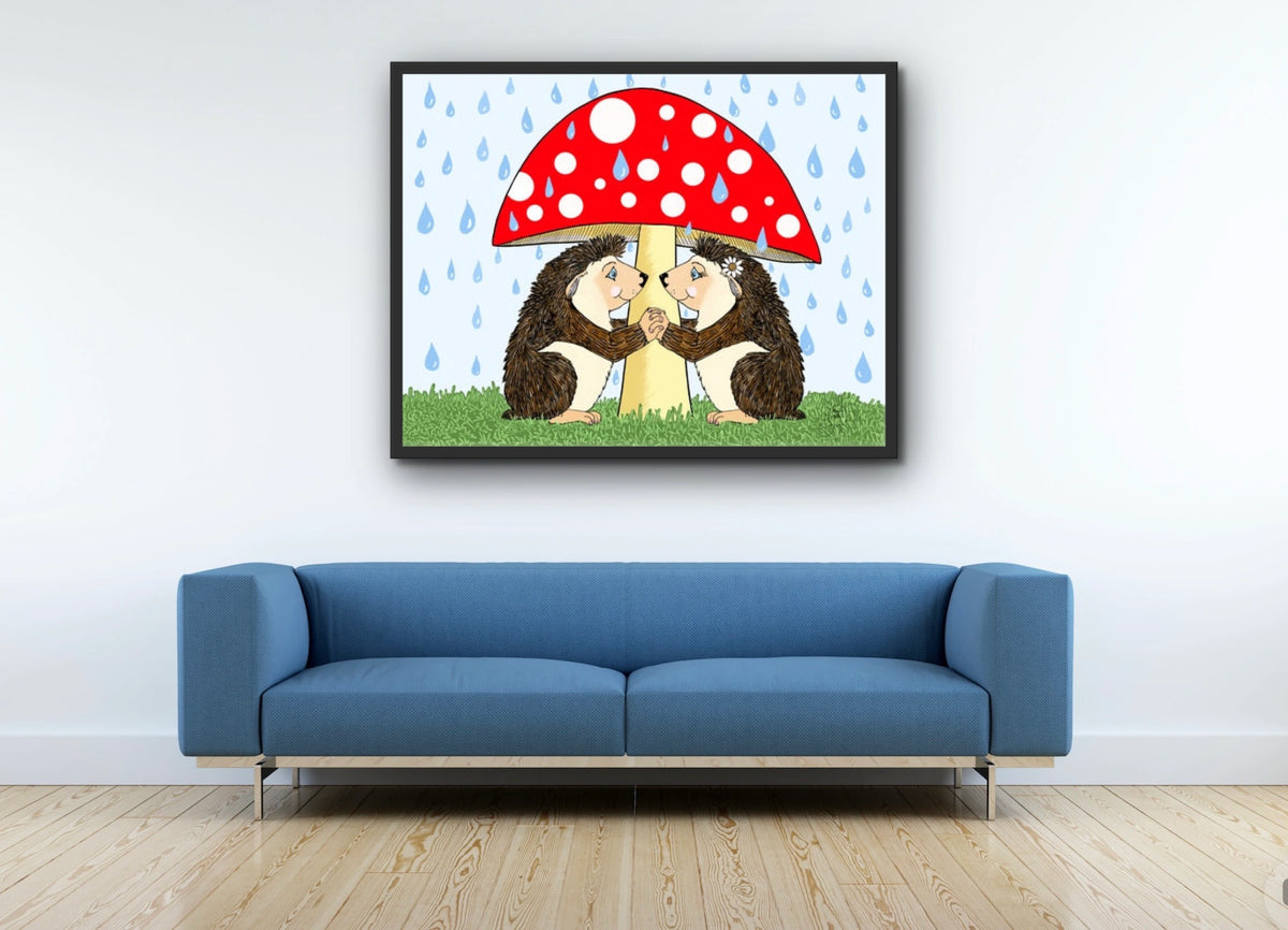 Hedgehog Love - extra large 36 x 48 framed art print shown hanging on a wall