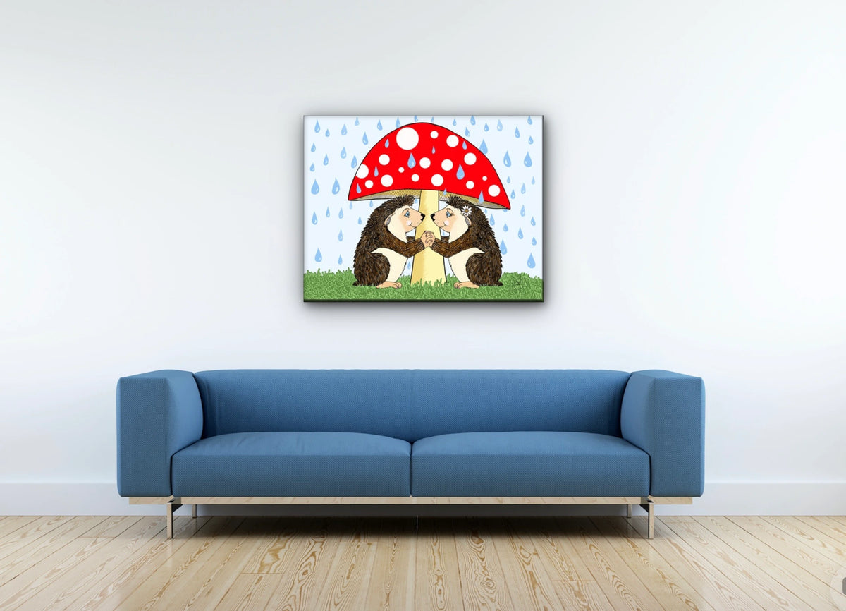Hedgehog Love - large 24 x 36 unframed art print shown hanging on a wall