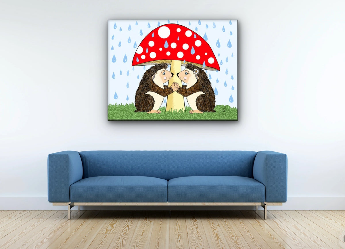 Hedgehog Love - extra large 36 x 48 unframed art print shown hanging on a wall