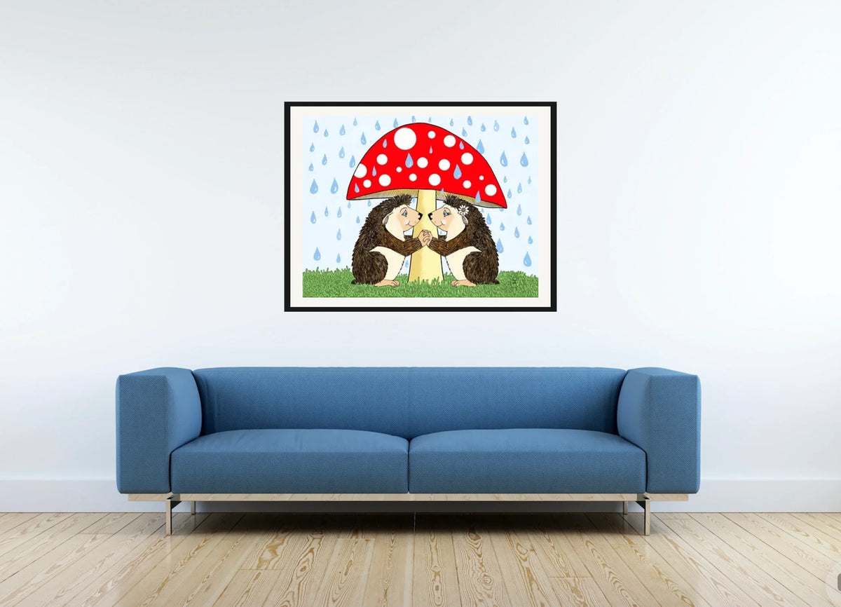 Hedgehog Love - large 24 x 36 matted and framed art print shown hanging on a wall