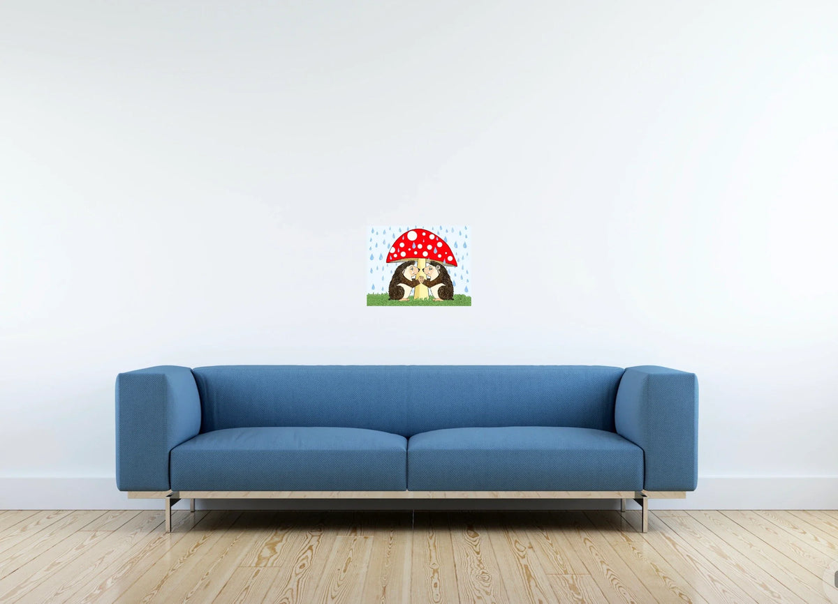Hedgehog Love - medium 12 x 16 unframed art print shown hanging on a wall