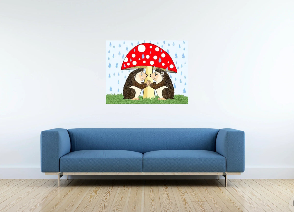 Hedgehog Love - large 24 x 36 unframed art print shown hanging on a wall