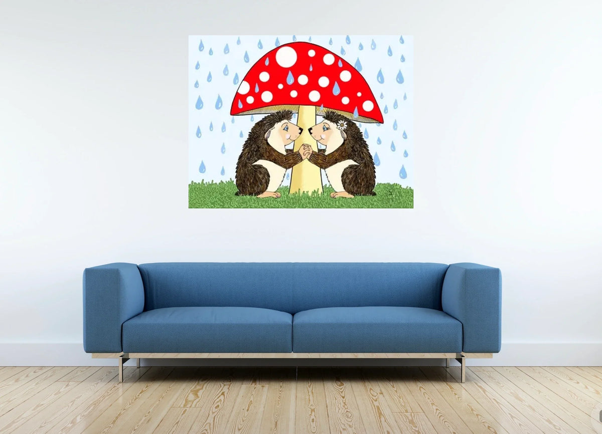 Hedgehog Love - extra large 36 x 48 unframed art print shown hanging on a wall