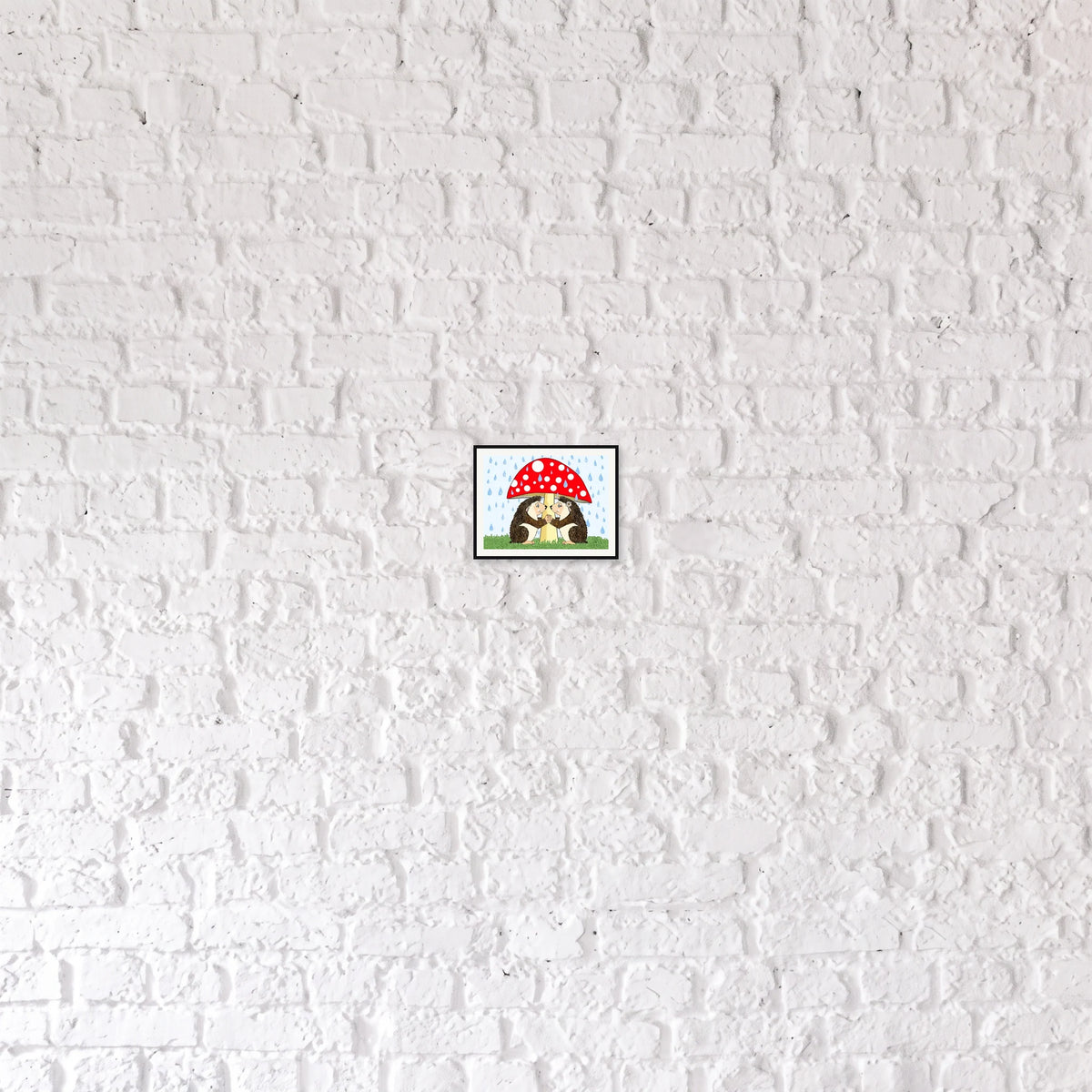 This is a small 8 x 10 matted and framed watercolor art print of two hedgehogs facing each other beneath a red toadstool in the rain. Created by professional artists, this high-quality watercolor print on textured matte paper adds a touch of character to any home or office decor.