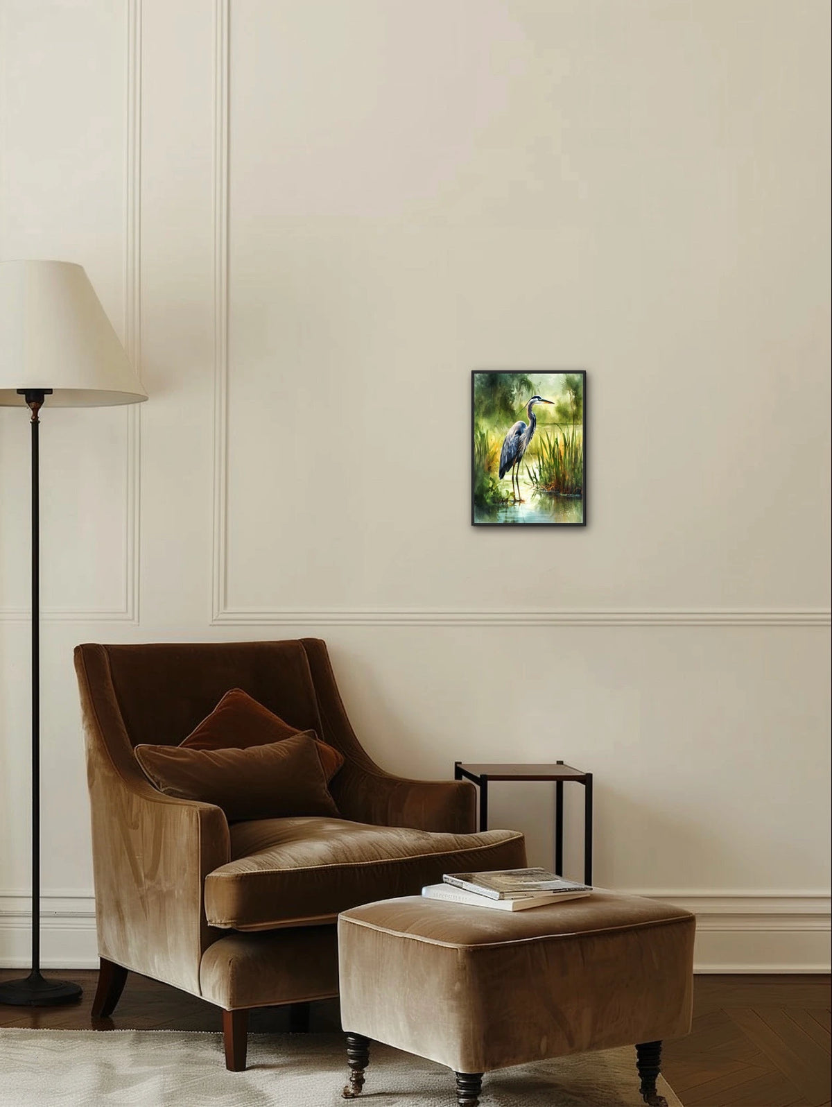Henry the Heron - medium 12 x 16 framed art print shown hanging on a wall