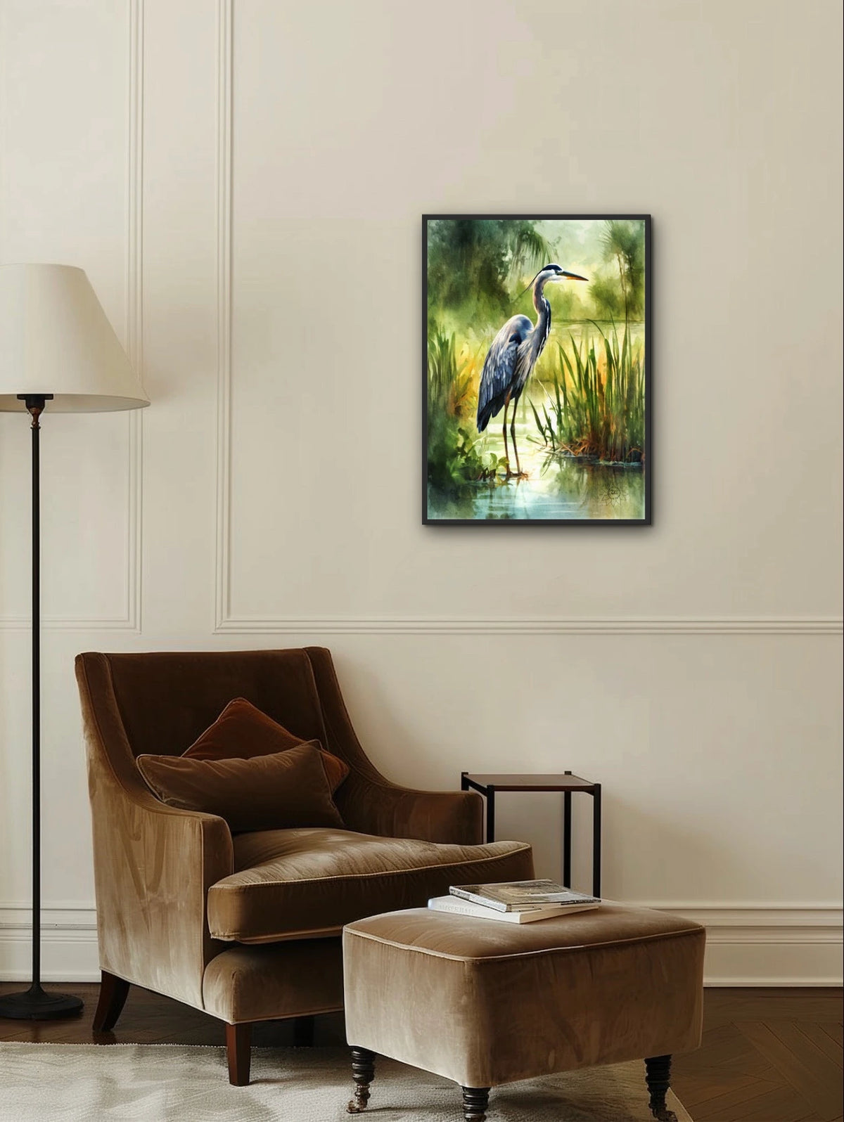 Henry the Heron - large 24 x 36 framed art print shown hanging on a wall