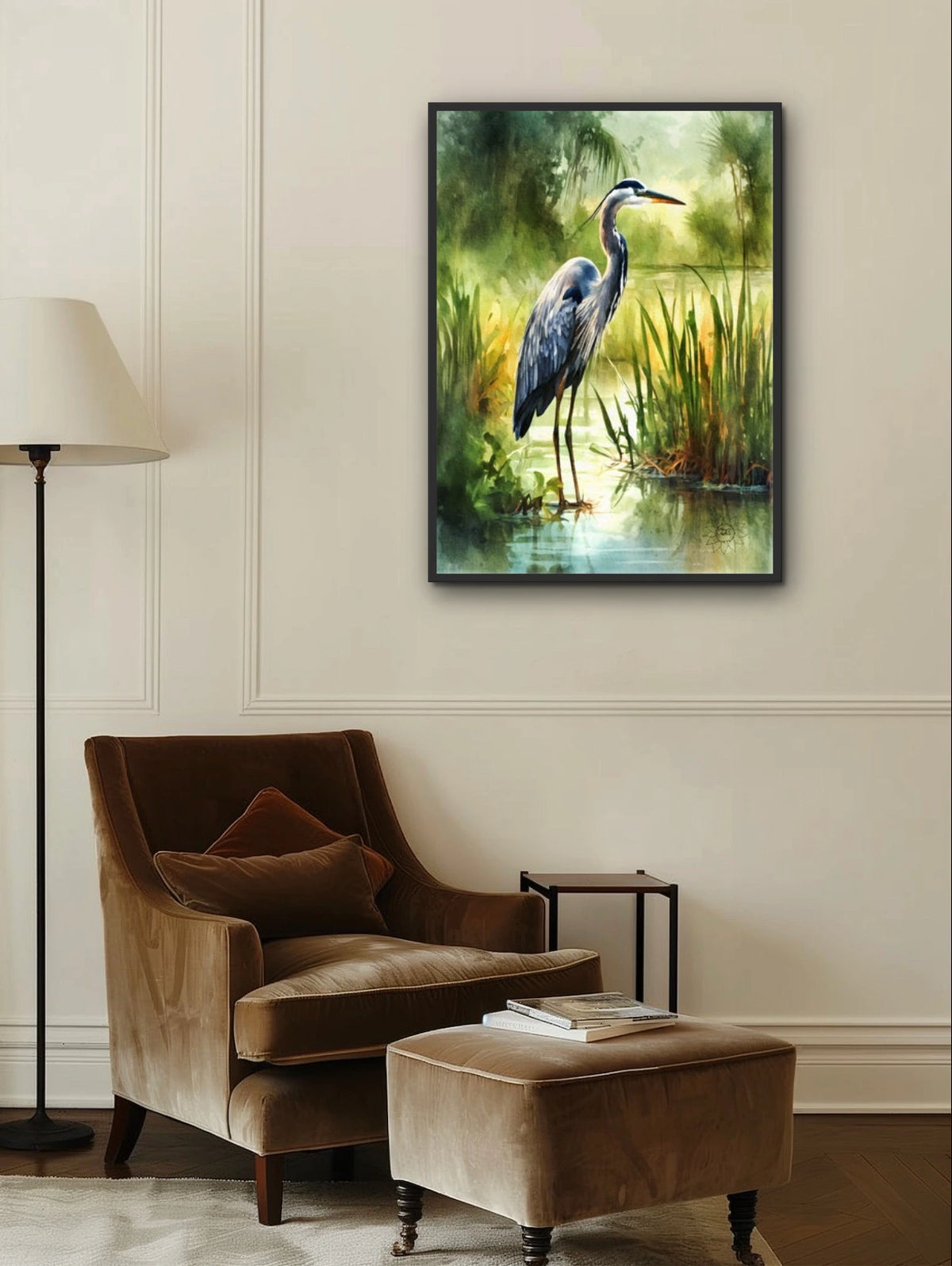 Henry the Heron - extra large 36 x 48 framed art print shown hanging on a wall