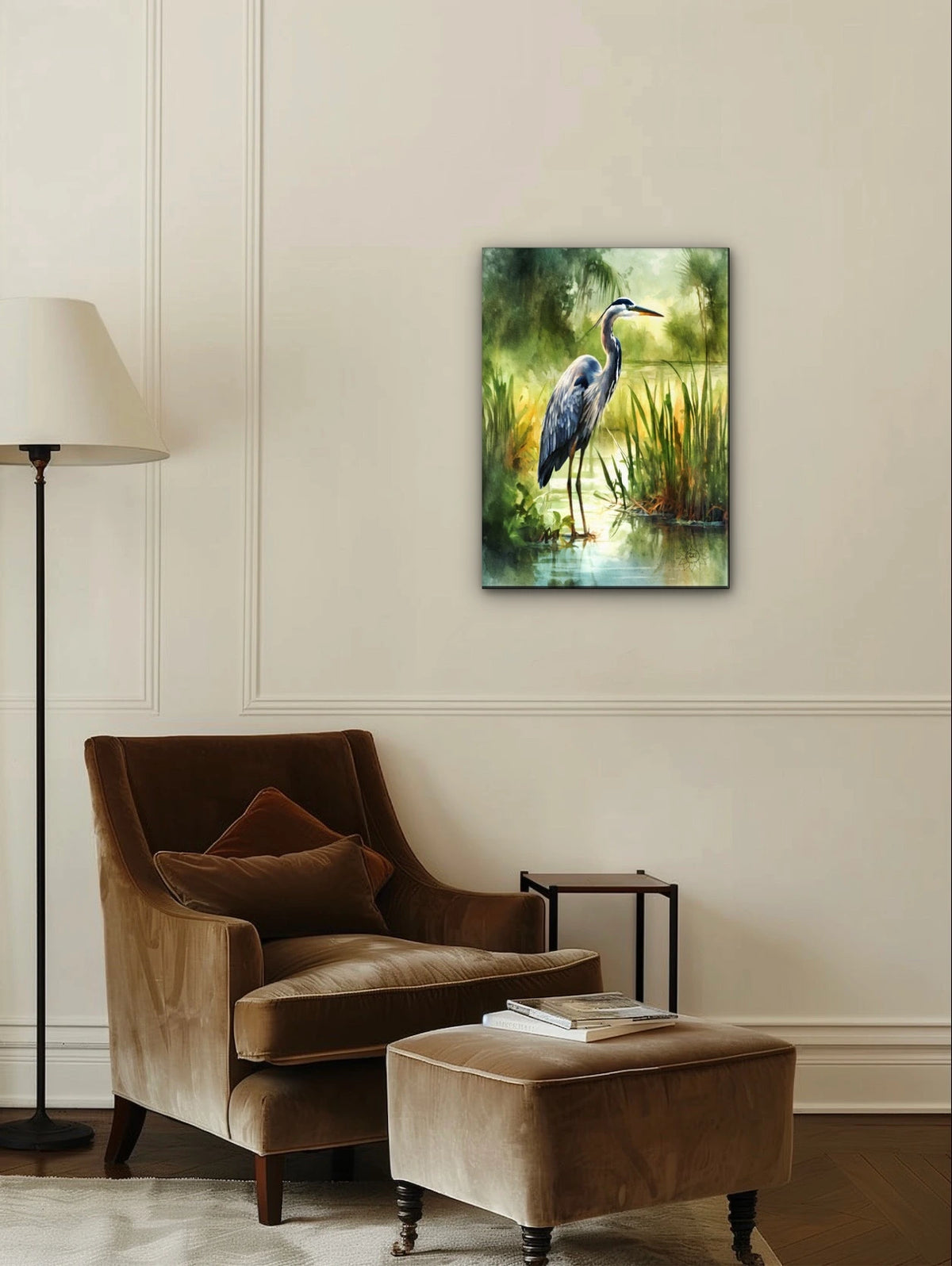 Henry the Heron - large 24 x 36 unframed art print shown hanging on a wall