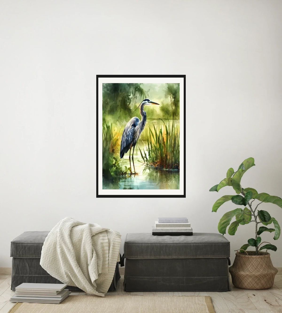 Henry the Heron - large 24 x 36 matted and framed art print shown hanging on a wall