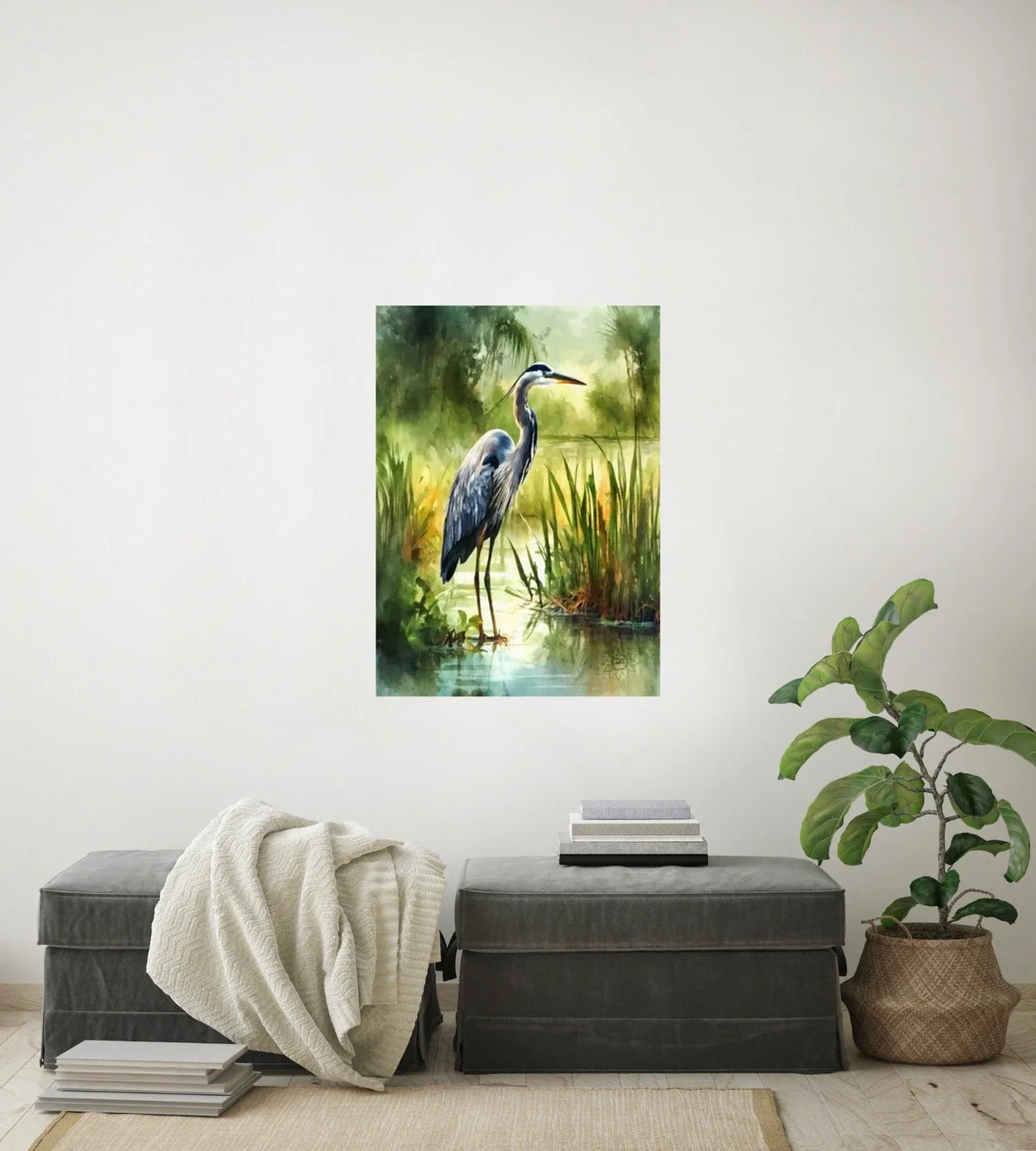 Henry the Heron - large 24 x 36 unframed art print shown hanging on a wall