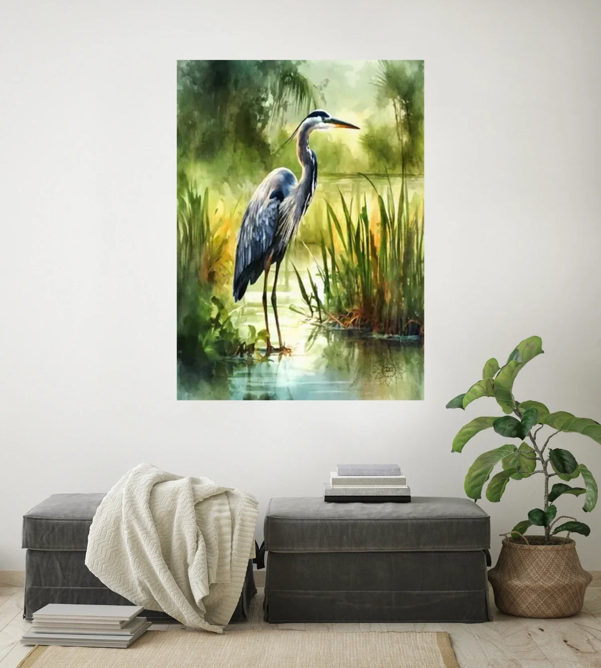 Henry the Heron - extra large 36 x 48 unframed art print shown hanging on a wall