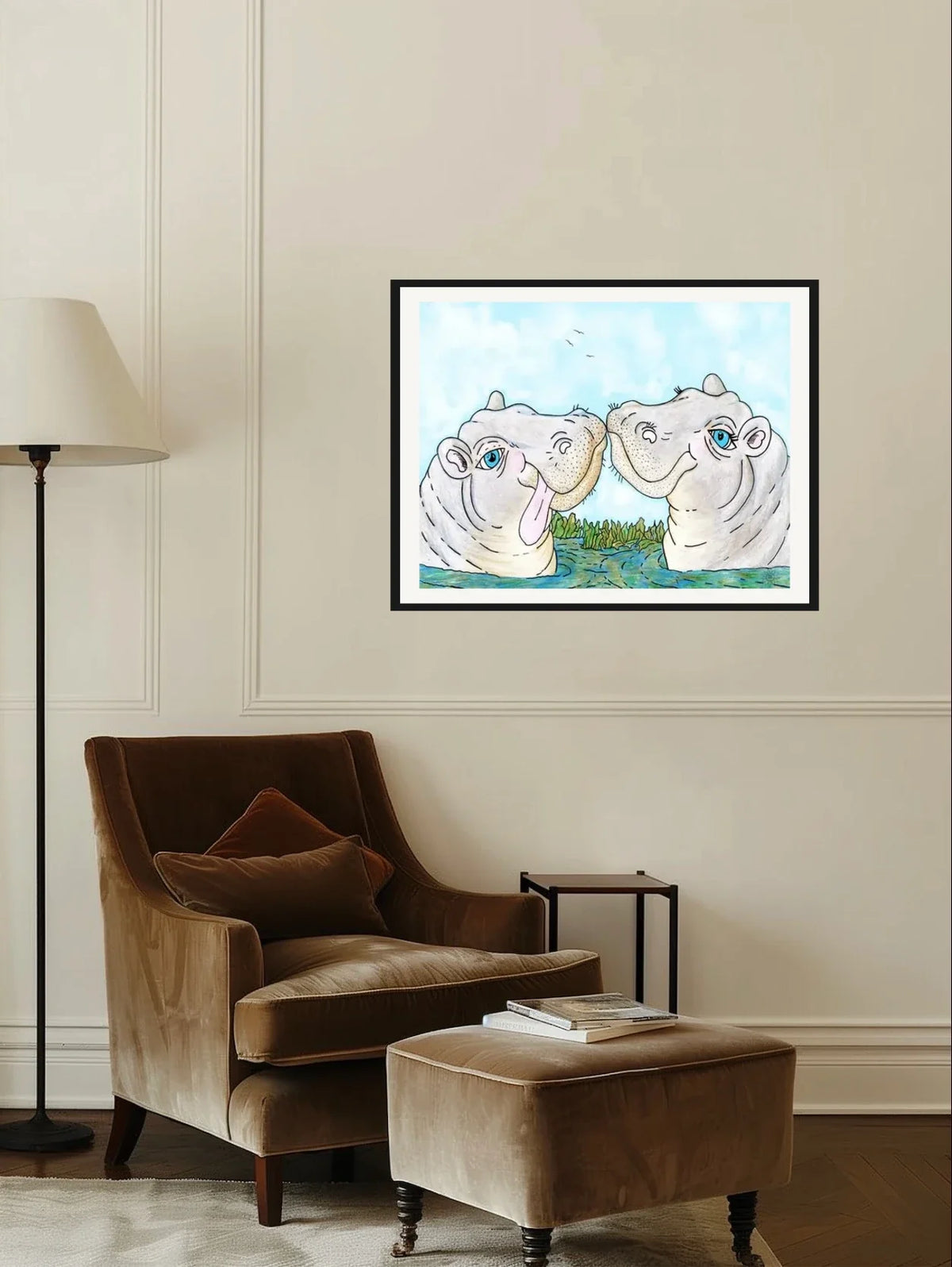 Hippo Luv - large 24 x 36 matted and framed art print shown hanging on a wall