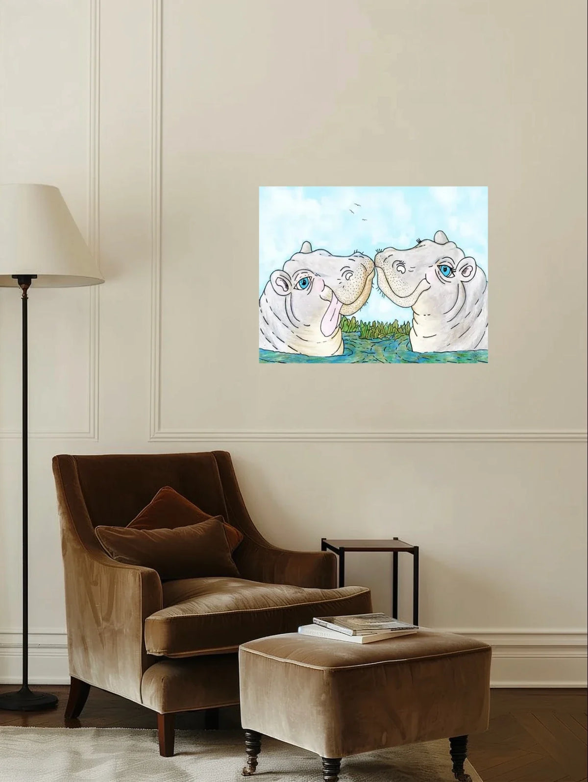 Hippo Luv - large 24 x 36 unframed art print shown hanging on a wall