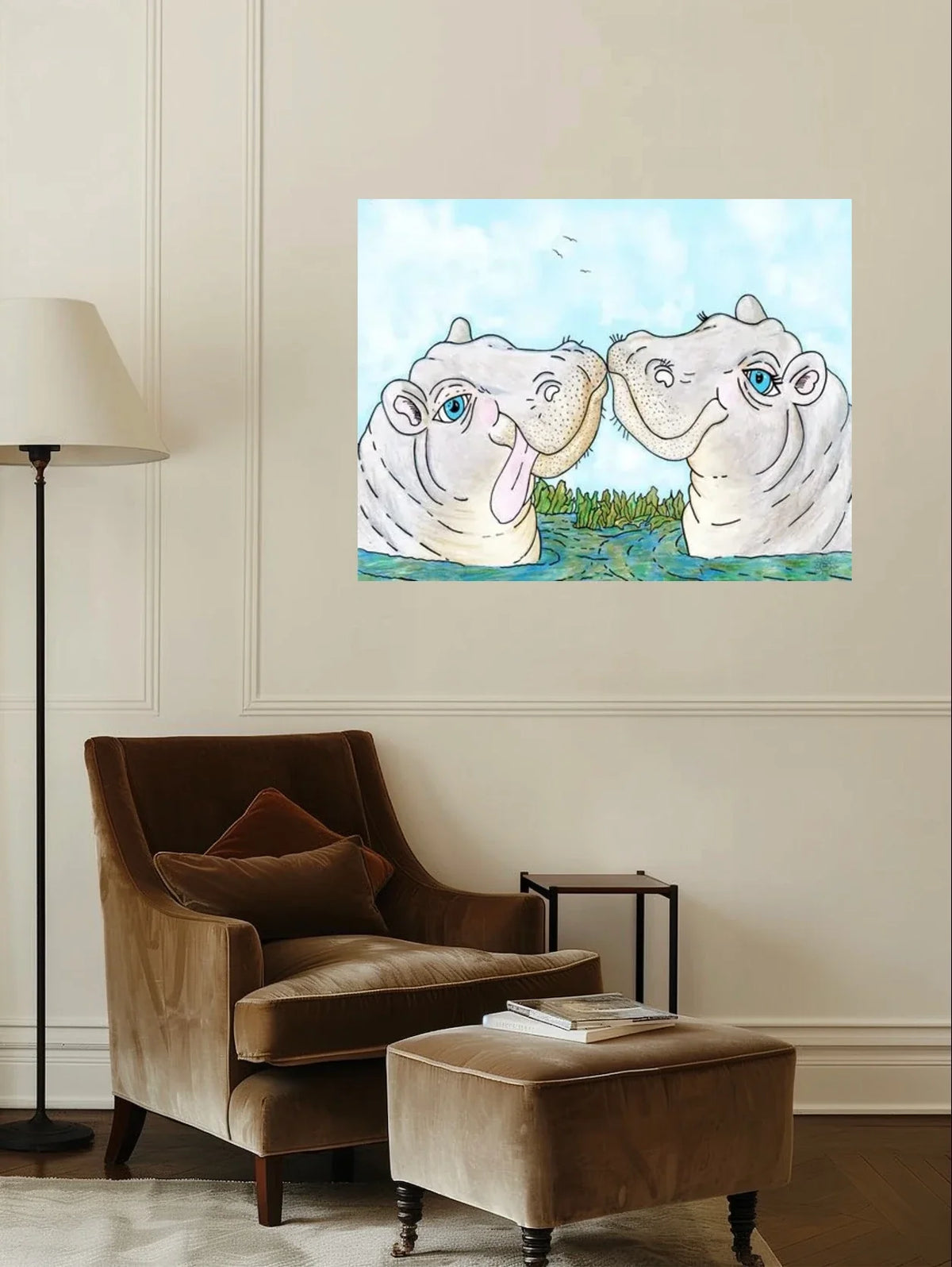 Hippo Luv - extra large 36 x 48 unframed art print shown hanging on a wall