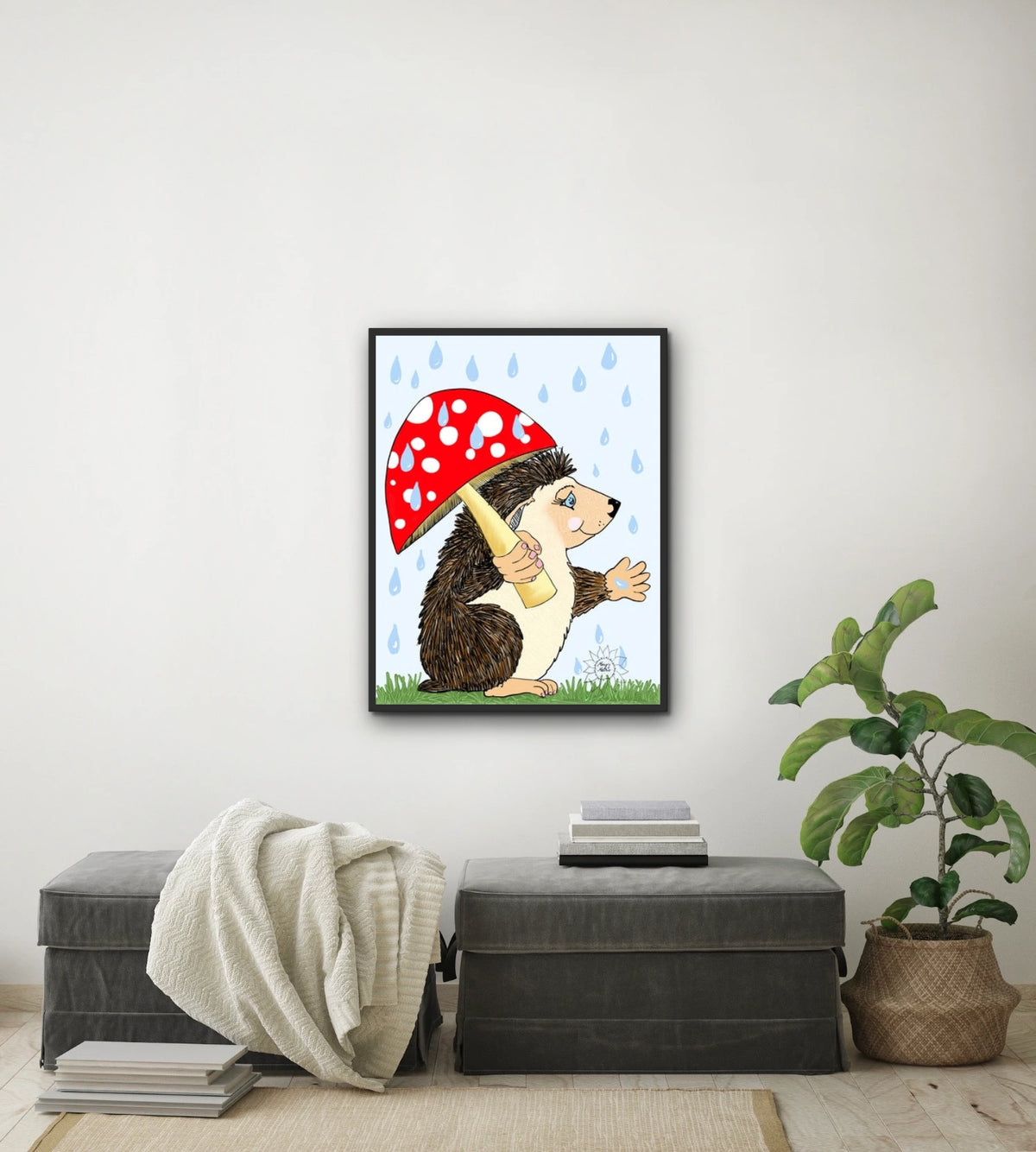 Hoban Hedgehog - large 24 x 36 framed art print shown hanging on a wall