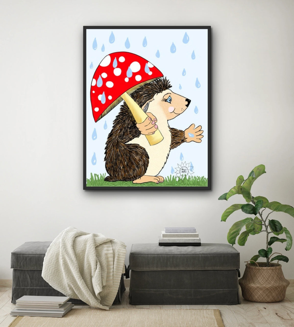 Hoban Hedgehog - extra large 36 x 48 framed art print shown hanging on a wall