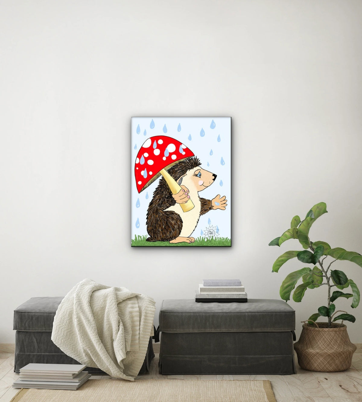 Hoban Hedgehog - large 24 x 36 unframed art print shown hanging on a wall