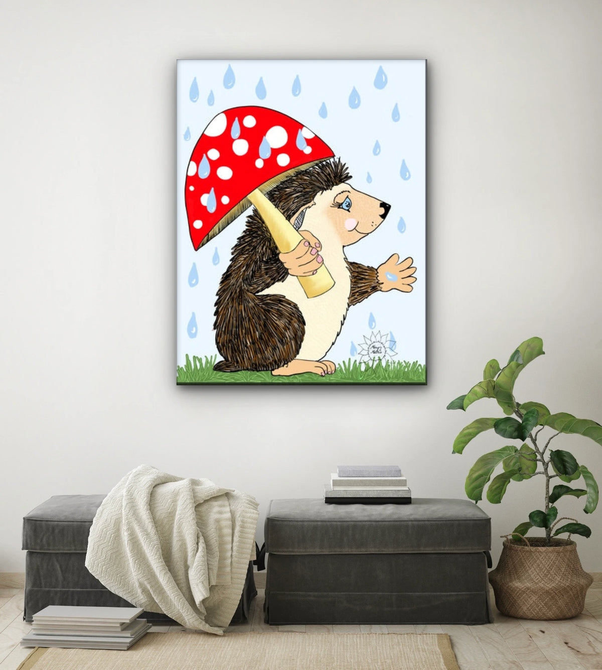 Hoban Hedgehog - extra large 36 x 48 unframed art print shown hanging on a wall