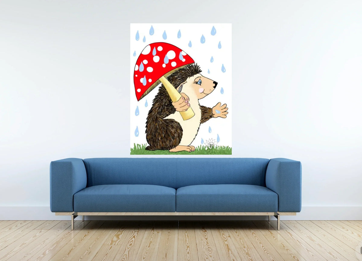 Hoban The Hedgehog - extra large 36 x 48 unframed art print shown hanging on a wall