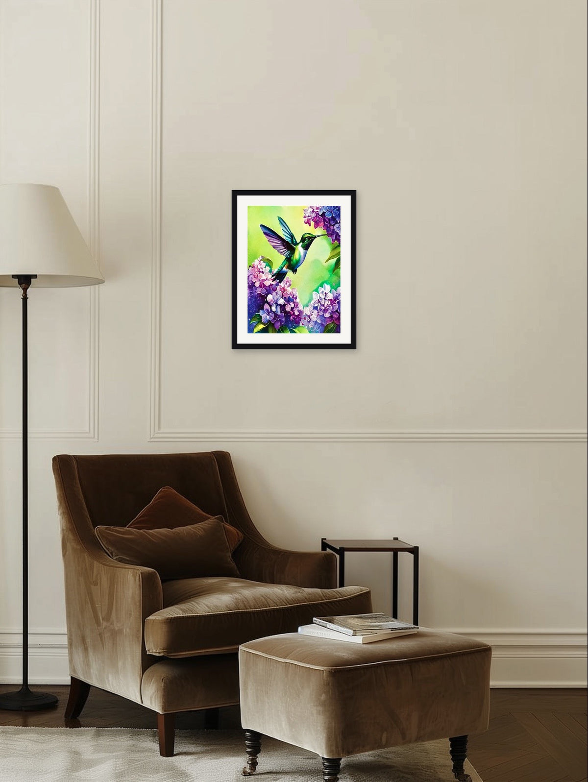 This is a medium 12 x 16 matted and framed watercolor art print of a hummingbird feeding among purple lilacs. Created by professional artists, this high-quality watercolor print on textured matte paper adds a touch of character to any home or office decor.