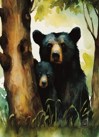 Momma Black Bear and Cub Peeking out from Behind a Tree