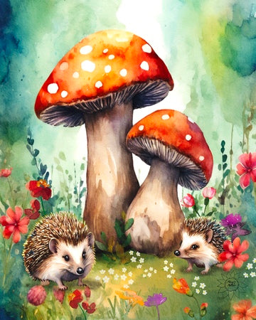 Red Cap Mushrooms with Hedgehog Companions